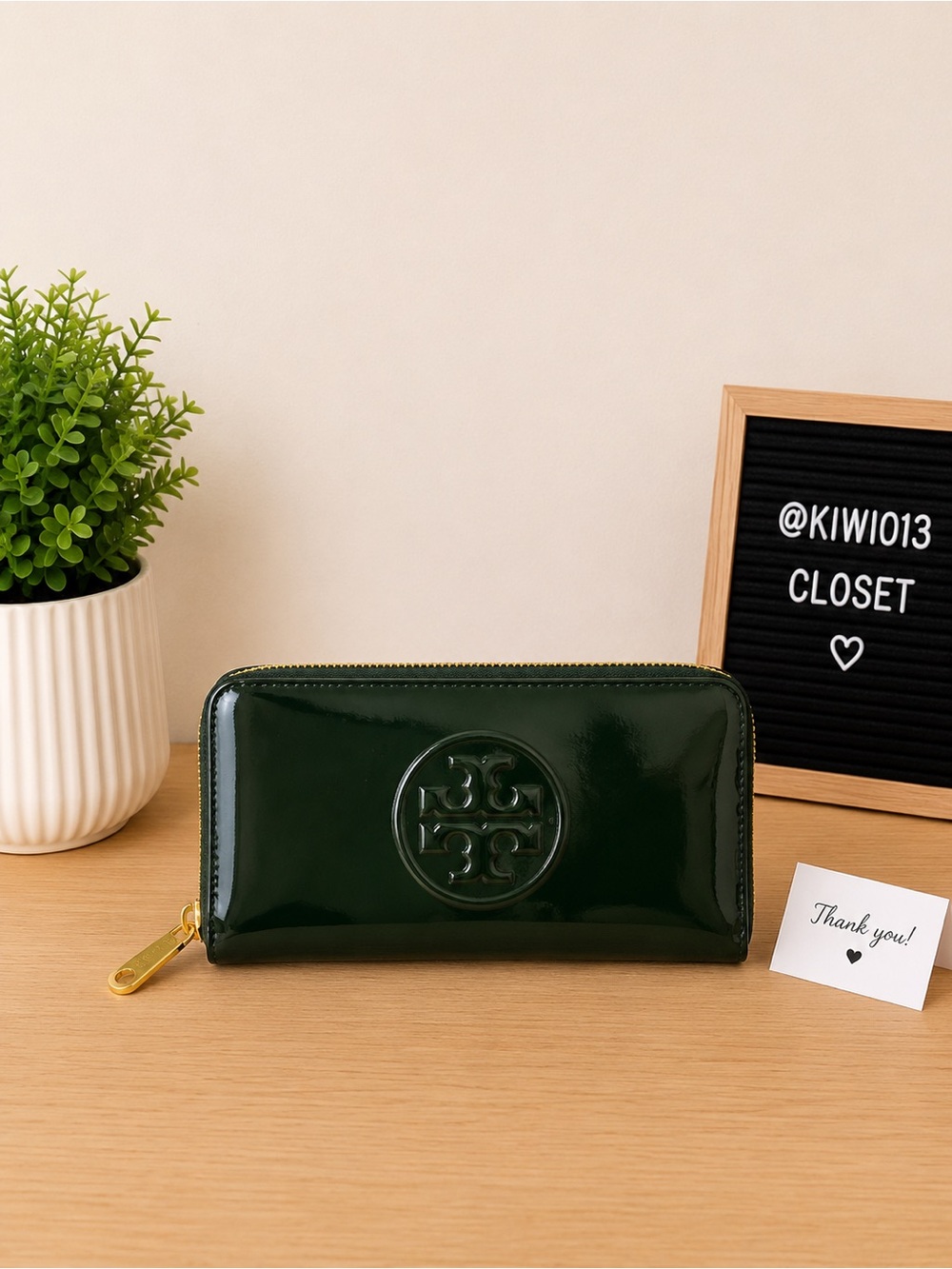 Tory Burch Dark Green Patent Zip-Around Wallet with Logo
